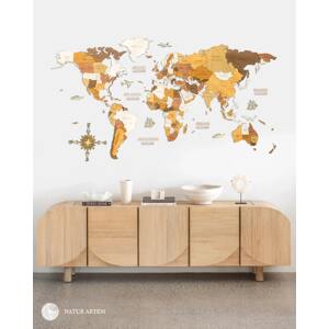 Nástenná drevená mapa sveta 3D, ručne vyrábaná, 200x100cm Natur artem