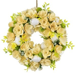 Veľkonočný veniec z drevených kvetov s vajíčkami,30 cm, biely